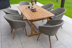 OUTFLEXX Kota Garten-Essgruppe, grau/natur, Akazie/Polyrattan/Alu, Ausziehbar, 180/240 x 100 cm Tisch, 6 Sessel, FSC®-zertifiziertes Produkt