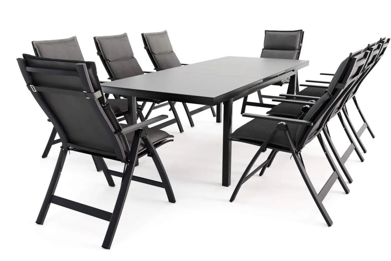 OUTFLEXX Lagos Garten-Essgruppe, anthrazit/grau, Alu/Textilene, Tisch 180/240 x 100 cm, 8 Klappstühle, inkl. Auflagen
