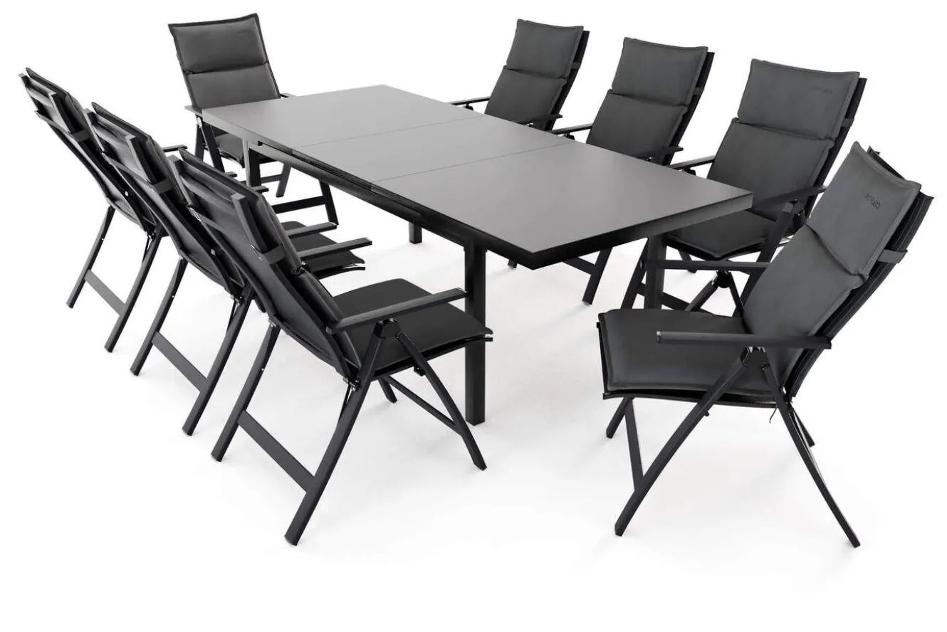OUTFLEXX Lagos Garten-Essgruppe, anthrazit/grau, Alu/Textilene, Tisch 180/240 x 100 cm, 8 Klappstühle, inkl. Auflagen