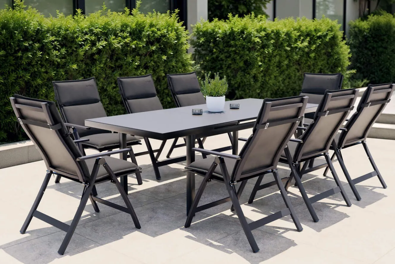 OUTFLEXX Lagos Garten-Essgruppe, anthrazit/grau, Alu/Textilene, Tisch 180/240 x 100 cm, 8 Klappstühle, inkl. Auflagen