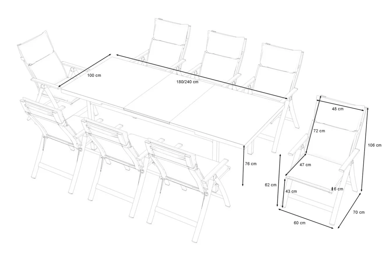 OUTFLEXX Lagos Garten-Essgruppe, anthrazit/grau, Alu/Textilene, Tisch 180/240 x 100 cm, 8 Klappstühle, inkl. Auflagen