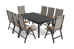 OUTFLEXX Lagos Garten-Essgruppe, anthrazit/grau, Alu/Eukalyptus/Textilene, Tisch 180/240 x 100 cm, 8 Klappstühle, FSC®-zertifiziertes Produkt