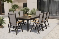 OUTFLEXX Lagos Garten-Essgruppe, anthrazit/grau, Alu/Eukalyptus/Textilene, Tisch 180/240 x 100 cm, 8 Klappstühle, FSC®-zertifiziertes Produkt