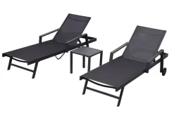 OUTFLEXX Liegen-Set, anthrazit, Aluminium/Textilene/Polyester, Tisch 40 x 40 cm, 2 Auflagen, Rückenlehne verstellbar, mit Rollen