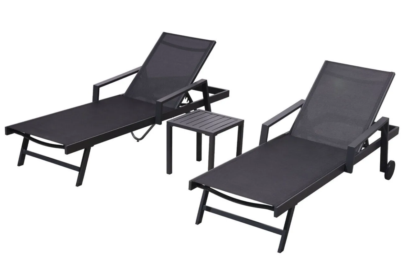 OUTFLEXX Liegen-Set, anthrazit, Aluminium/Textilene/Polyester, Tisch 40 x 40 cm, 2 Auflagen, Rückenlehne verstellbar, mit Rollen