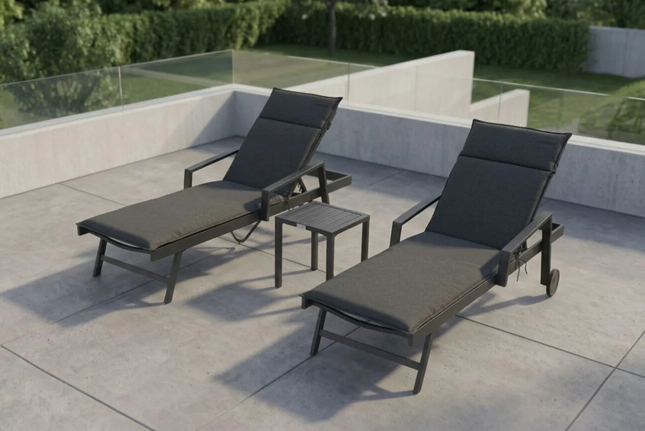 OUTFLEXX Liegen-Set, anthrazit, Aluminium/Textilene/Polyester, Tisch 40 x 40 cm, 2 Auflagen, Rückenlehne verstellbar, mit Rollen