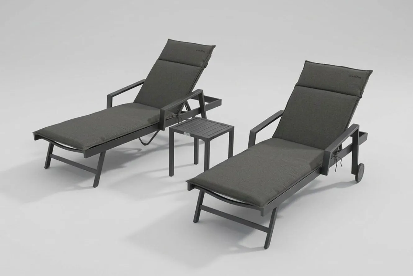 OUTFLEXX Liegen-Set, anthrazit, Aluminium/Textilene/Polyester, Tisch 40 x 40 cm, 2 Auflagen, Rückenlehne verstellbar, mit Rollen