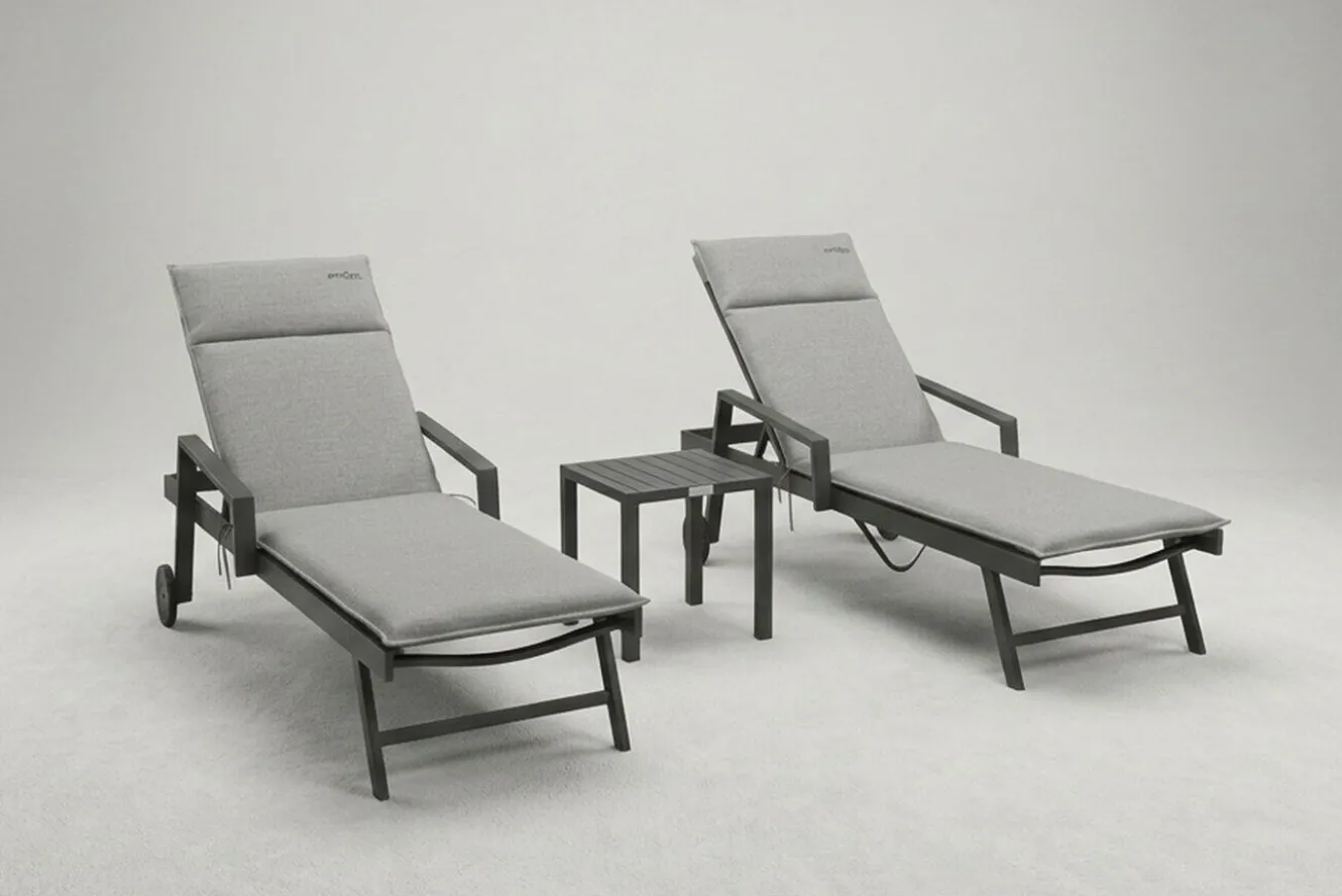 OUTFLEXX Liegen-Set, anthrazit/nature, Aluminium/Textilene/Polyester, Tisch 40 x 40 cm, 2 Auflagen, Rückenlehne verstellbar, rollbar