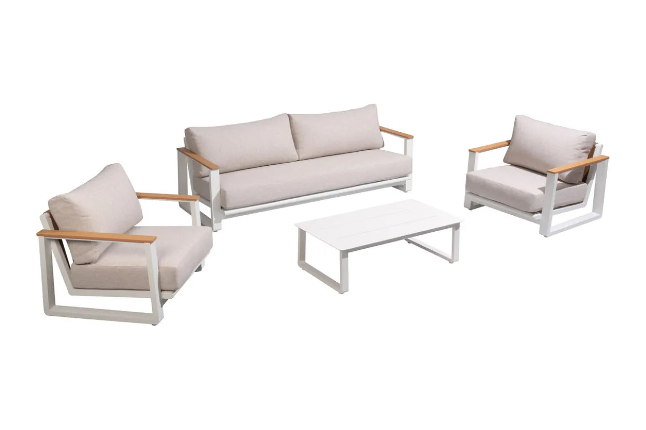 OUTFLEXX Loungegarnitur, 4-teilig, beige/weiß, Alu/Holzimitat, Tisch 110 x 60 cm, inkl. Kissen mit Reißverschluss