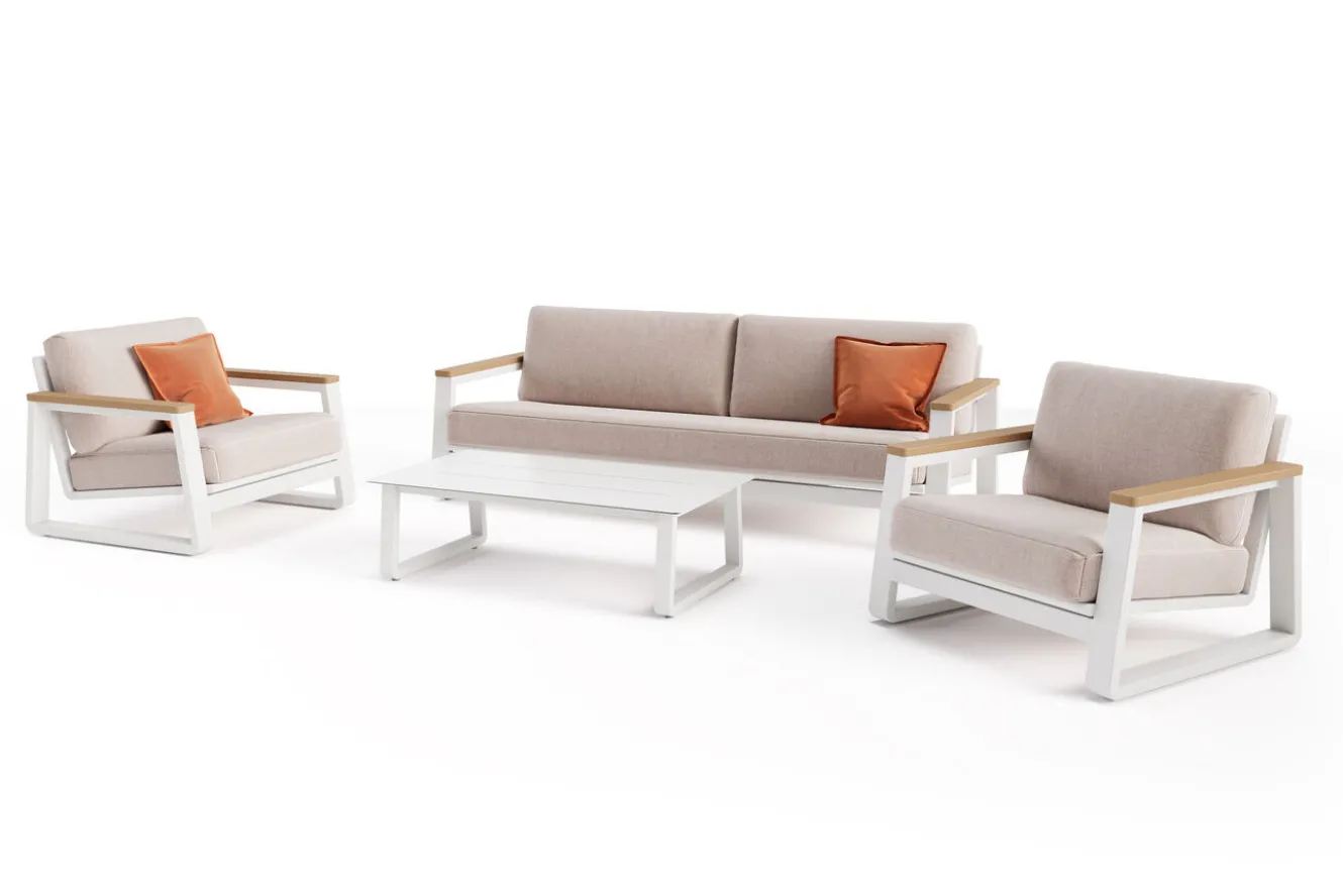 OUTFLEXX Loungegarnitur, 4-teilig, beige/weiß, Alu/Holzimitat, Tisch 110 x 60 cm, inkl. Kissen mit Reißverschluss