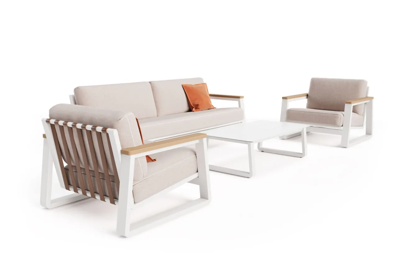 OUTFLEXX Loungegarnitur, 4-teilig, beige/weiß, Alu/Holzimitat, Tisch 110 x 60 cm, inkl. Kissen mit Reißverschluss