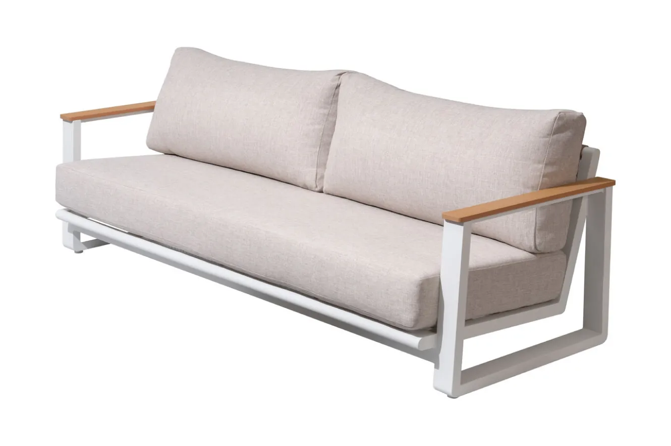 OUTFLEXX Loungegarnitur, 4-teilig, beige/weiß, Alu/Holzimitat, Tisch 110 x 60 cm, inkl. Kissen mit Reißverschluss