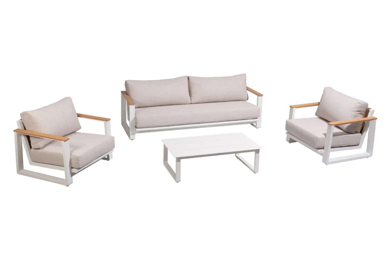 OUTFLEXX Loungegarnitur, 4-teilig, beige/weiß, Alu/Holzimitat, Tisch 110 x 60 cm, inkl. Kissen mit Reißverschluss