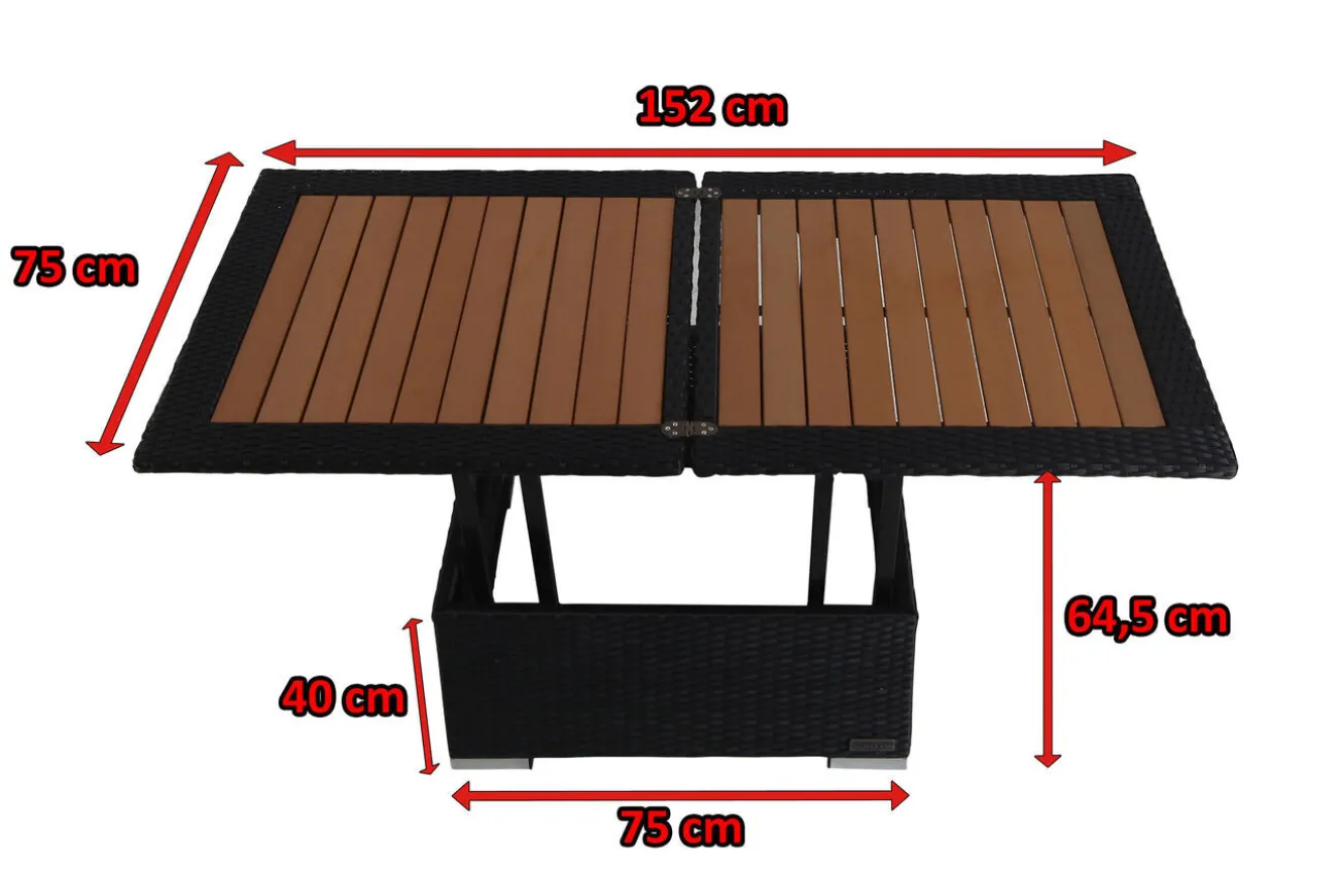 OUTFLEXX Loungetisch höhenverstellbar, schwarz, Polyrattan, 75/152x75x40/64,5cm
