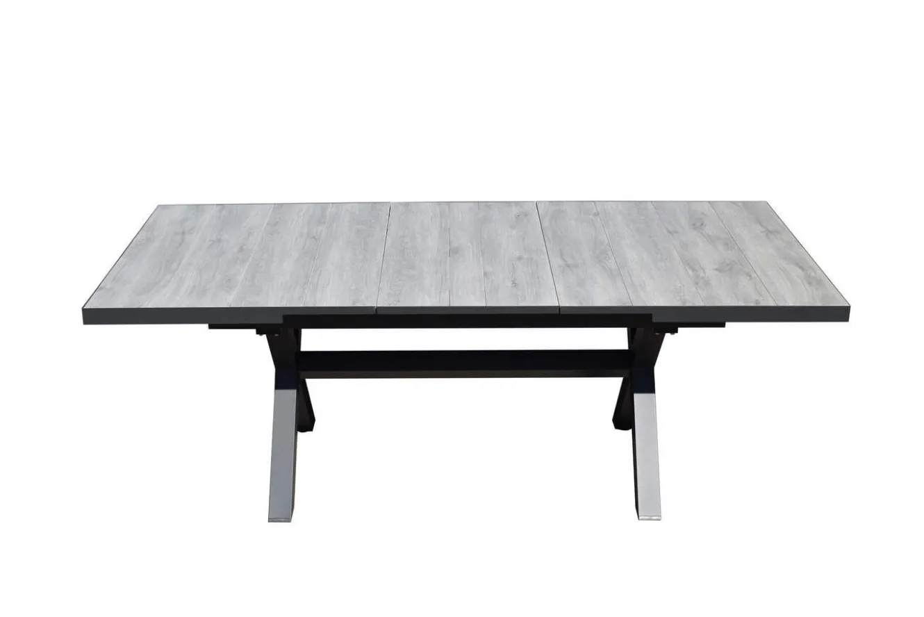 OUTFLEXX Louvra Ausziehtisch, anthrazit/Holzoptik, Alu/Keramik, 160/210x100,5cm, Tischplatte aus Keramikfliesen