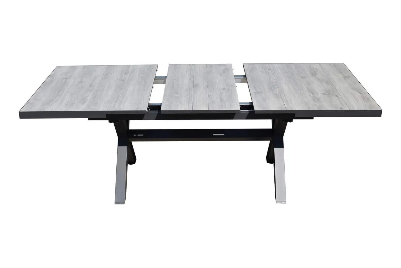OUTFLEXX Louvra Ausziehtisch, anthrazit/Holzoptik, Alu/Keramik, 160/210x100,5cm, Tischplatte aus Keramikfliesen