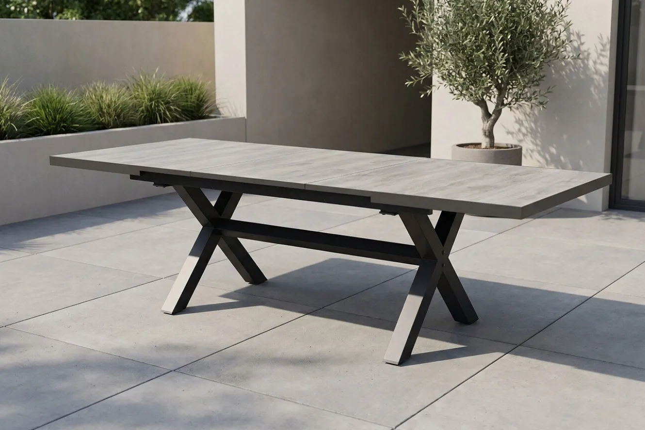OUTFLEXX Louvra Ausziehtisch, anthrazit/Holzoptik, Alu/Keramik, 160/210x100,5cm, Tischplatte aus Keramikfliesen