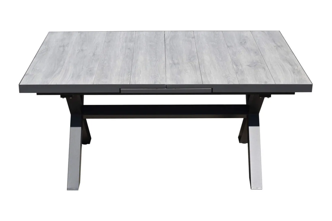 OUTFLEXX Louvra Ausziehtisch, anthrazit/Holzoptik, Alu/Keramik, 160/210x100,5cm, Tischplatte aus Keramikfliesen