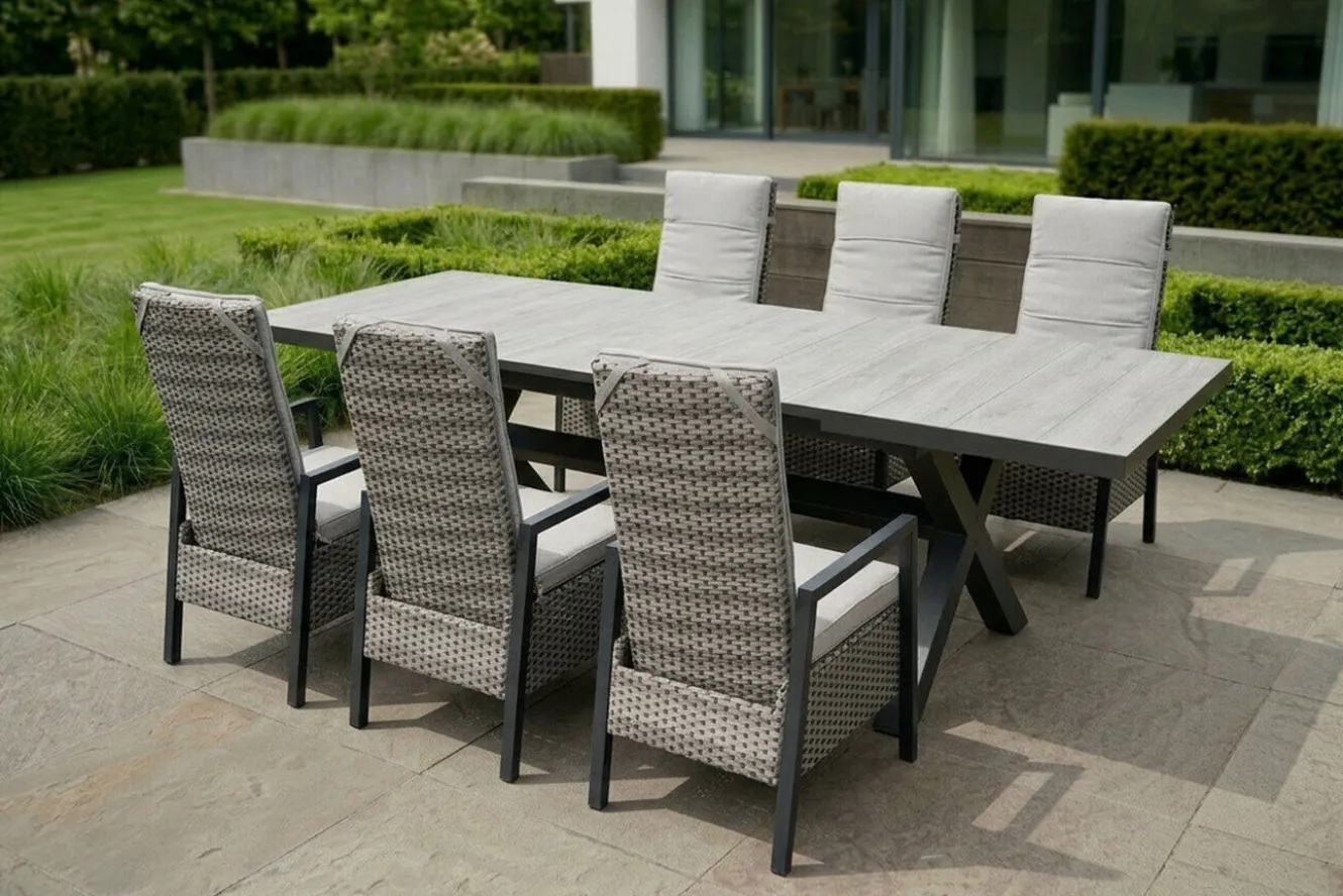 OUTFLEXX Louvra Select Garten-Essgruppe, natur/anthrazit, Polyrattan/Alu, Tisch 200/260 x 100 cm, 6 Sessel