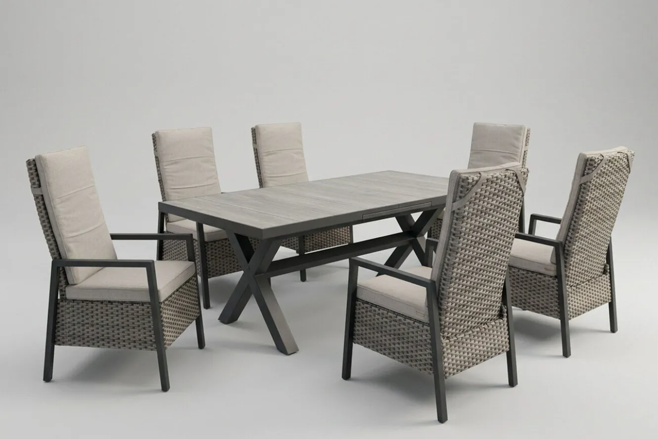 OUTFLEXX Louvra Select Garten-Essgruppe, natur/anthrazit, Polyrattan/Alu, 6 Sessel, Tisch 160/210 x 100 cm