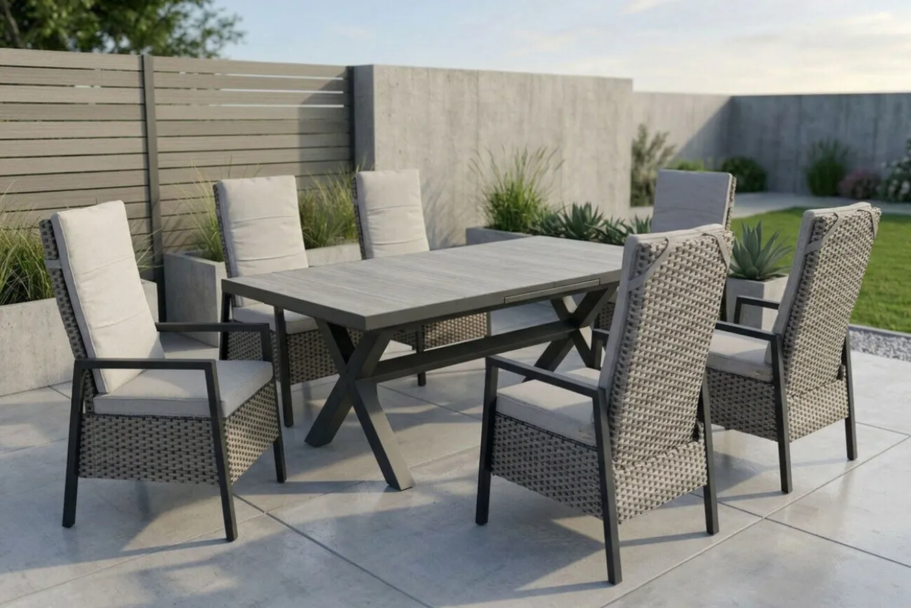 OUTFLEXX Louvra Select Garten-Essgruppe, natur/anthrazit, Polyrattan/Alu, 6 Sessel, Tisch 160/210 x 100 cm