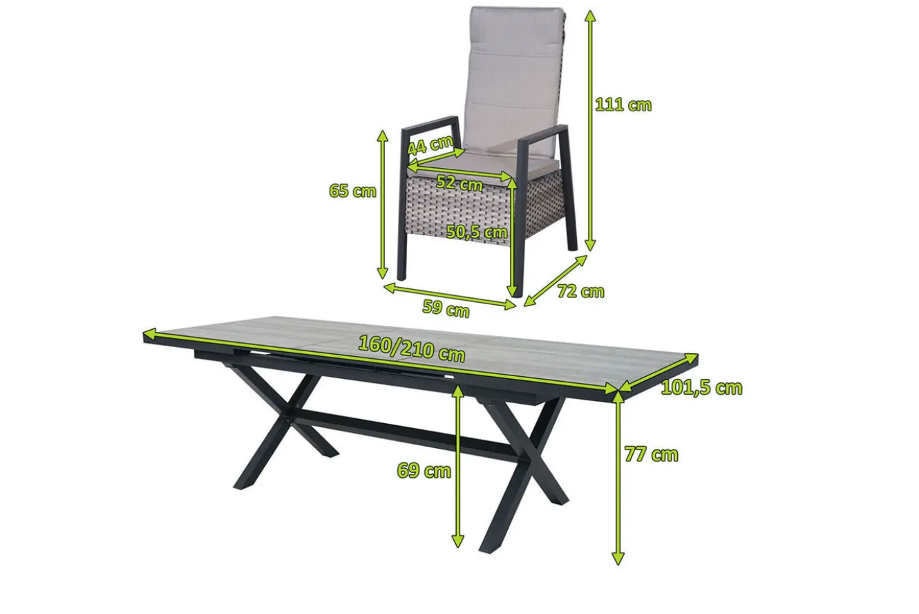 OUTFLEXX Louvra Select Garten-Essgruppe, natur/anthrazit, Polyrattan/Alu, 6 Sessel, Tisch 160/210 x 100 cm