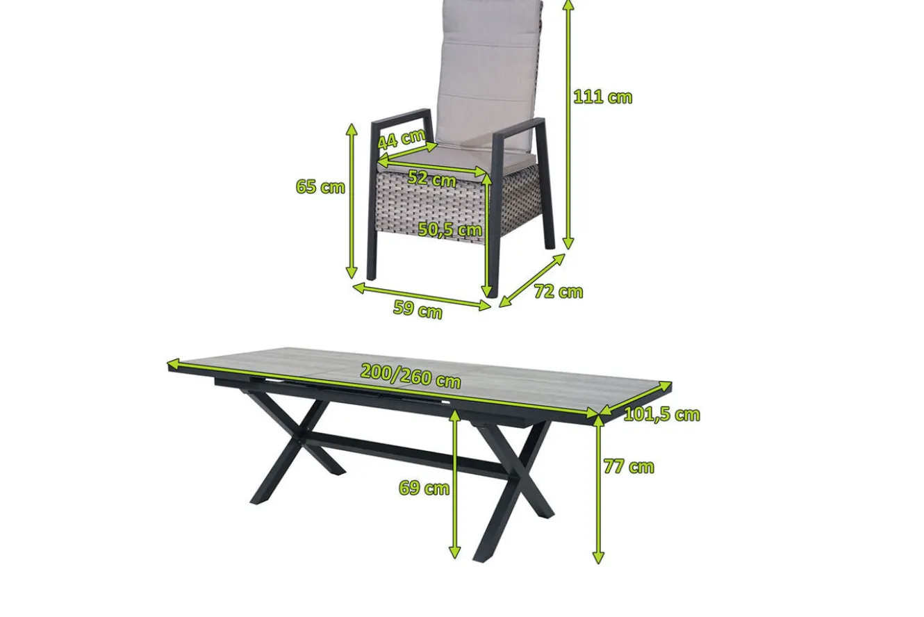 OUTFLEXX Louvra Select Garten-Essgruppe, natur/anthrazit, Polyrattan/Alu, Tisch 200/260 x 100 cm, 8 Sessel