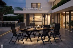 OUTFLEXX Luminara Garten-Essgruppe mit LED-Beleuchtung, anthrazit matt/natur, Aluminium/Textilen/Holzimitat, 240 x 100 cm, 6 Klappstühle