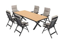 OUTFLEXX Luminara Garten-Essgruppe, anthrazit matt/natur, Alu / Textilen / Holzimitat, 240 x 100 cm, 6 Klappstühle, inkl. Auflagen, LED-Beleuchtung