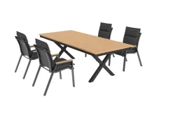 OUTFLEXX Luminara Garten-Essgruppe, anthrazit matt/natur, Alu/Holzimitat, 240 x 100 cm, 4 Stapelsessel, inkl. Auflagen, mit LED-Beleuchtung