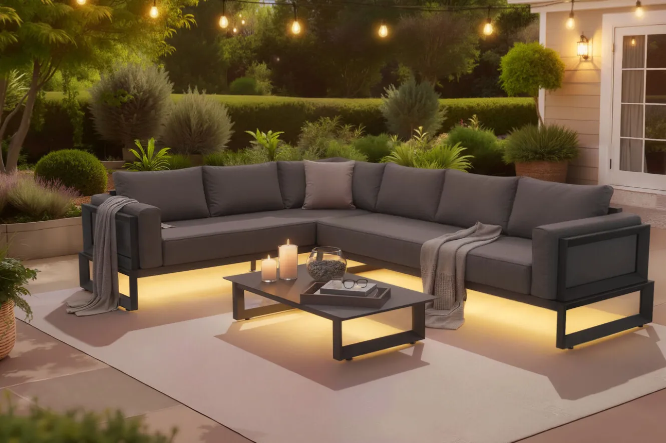 OUTFLEXX Luminara LED-Gartenlounge für 5-6 Personen, anthrazit/dunkelgrau, Alu/Polyester, pulverbeschichtet, beleuchtet
