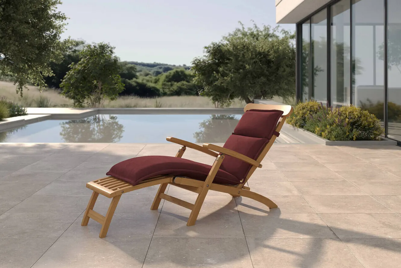 OUTFLEXX Matera Gartenliege, natur/bordeaux, Teakholz/Polyester, 165 x 58 cm, klappbar, witterungsbeständig, mit Fußkappen