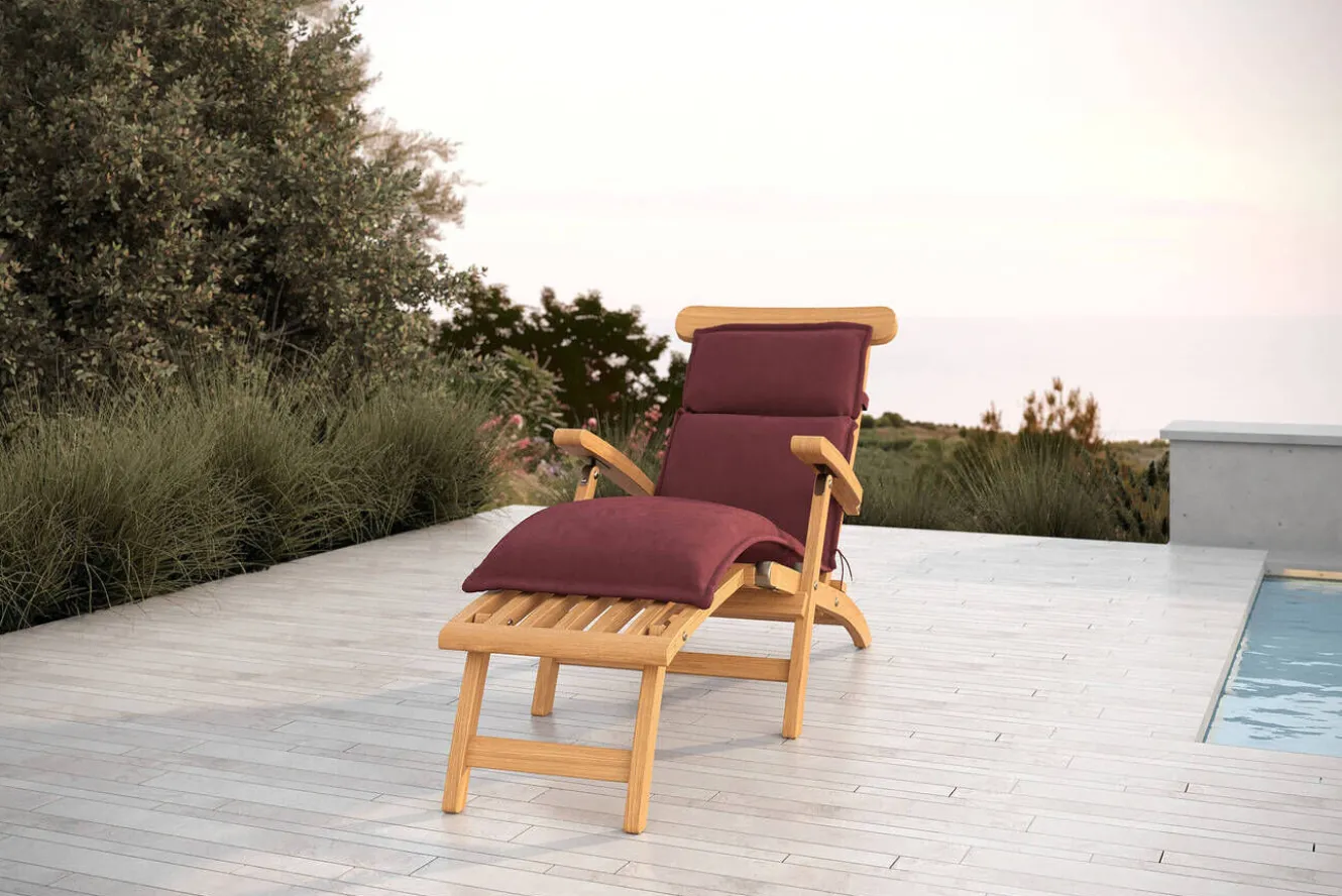 OUTFLEXX Matera Gartenliege, natur/bordeaux, Teakholz/Polyester, 165 x 58 cm, klappbar, witterungsbeständig, mit Fußkappen