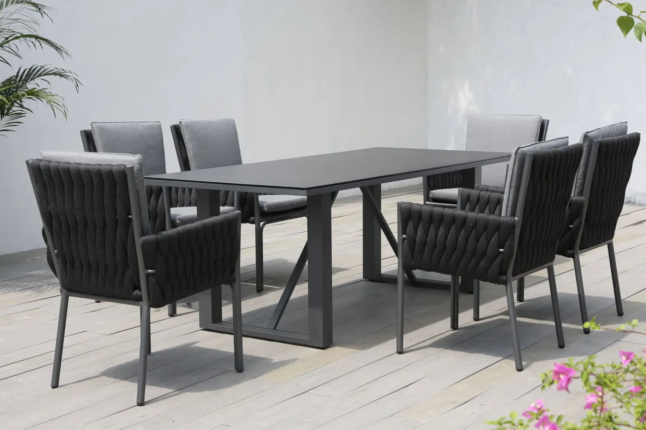 OUTFLEXX Mermaid Garten-Essgruppe, anthrazit, Alu/Rope, 6 Personen, inkl. Sitz- und Rückenkissen, Tisch 200x90 cm