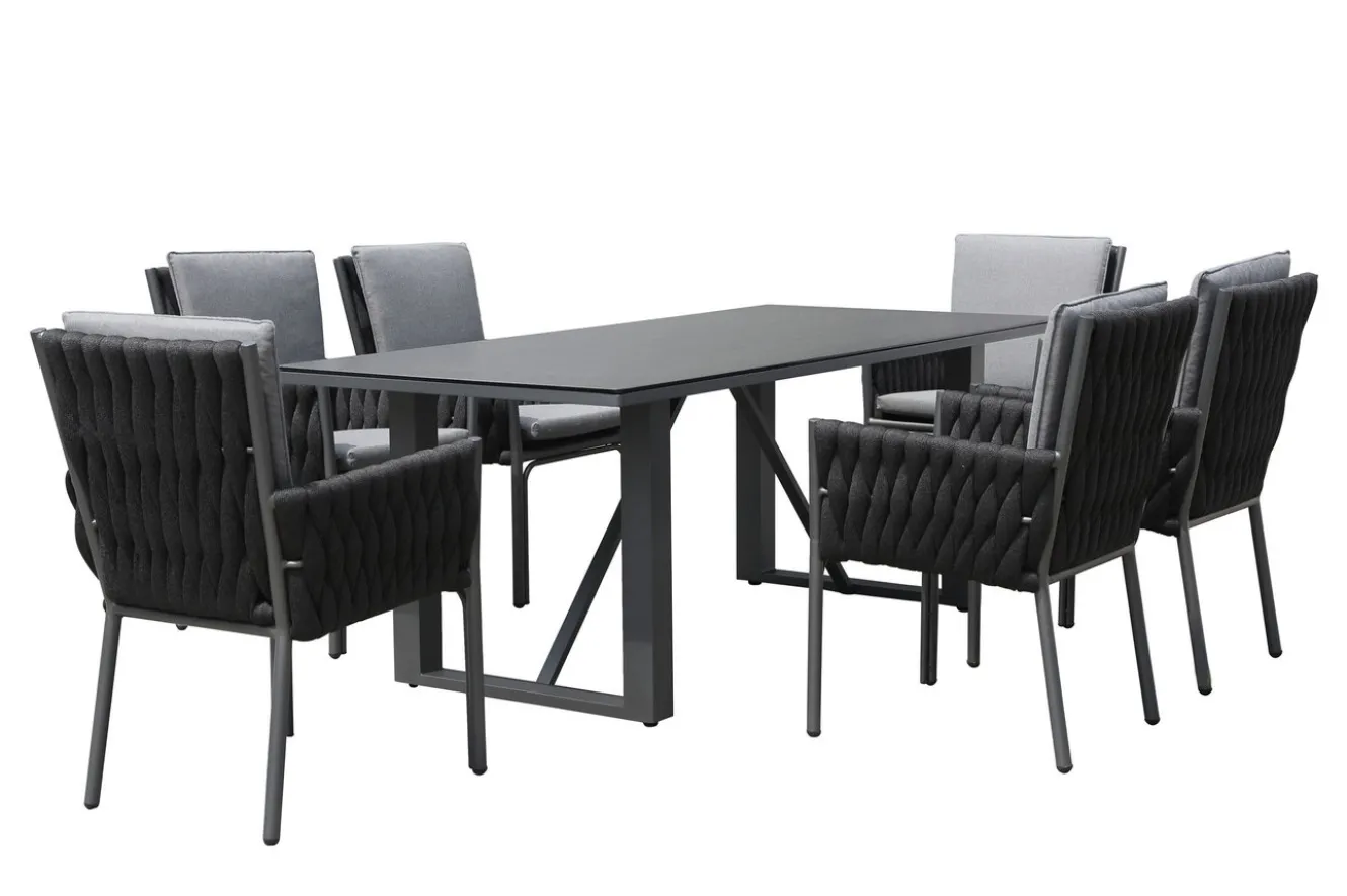 OUTFLEXX Mermaid Garten-Essgruppe, anthrazit, Alu/Rope, 6 Personen, inkl. Sitz- und Rückenkissen, Tisch 200x90 cm