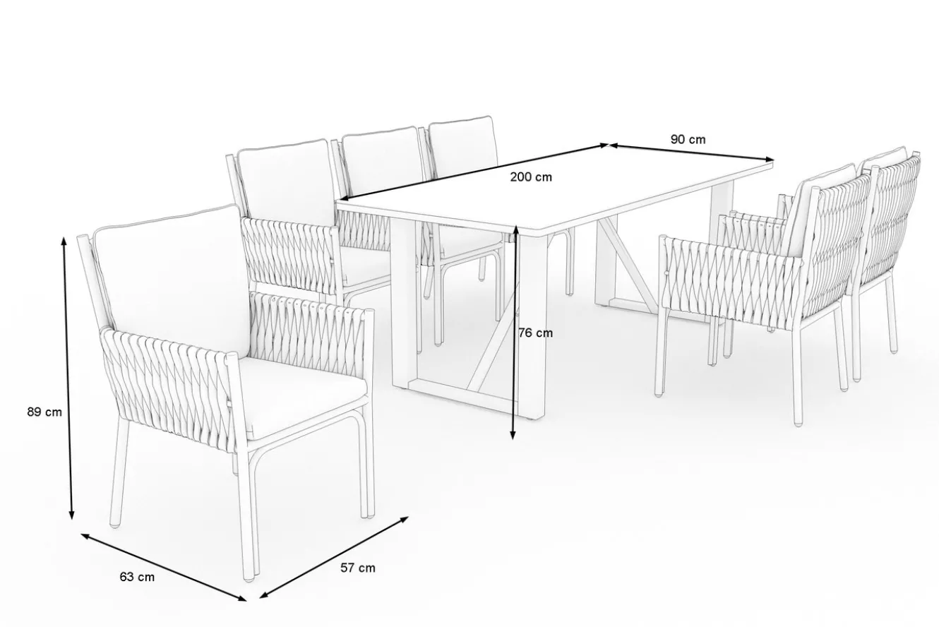 OUTFLEXX Mermaid Garten-Essgruppe, anthrazit, Alu/Rope, 6 Personen, inkl. Sitz- und Rückenkissen, Tisch 200x90 cm