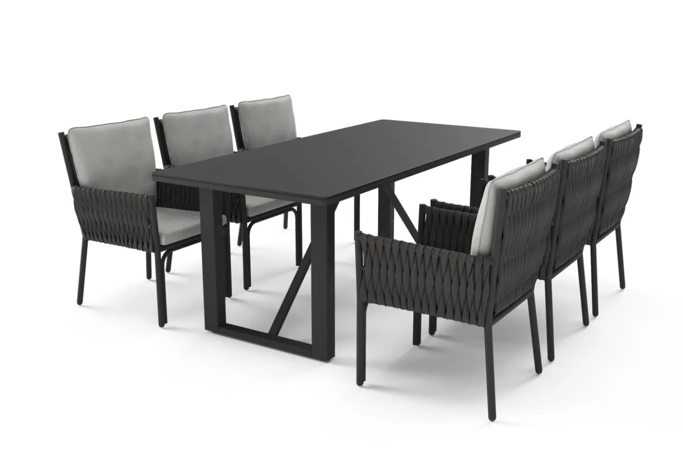 OUTFLEXX Mermaid Garten-Essgruppe, anthrazit, Alu/Rope, 6 Personen, inkl. Sitz- und Rückenkissen, Tisch 200x90 cm