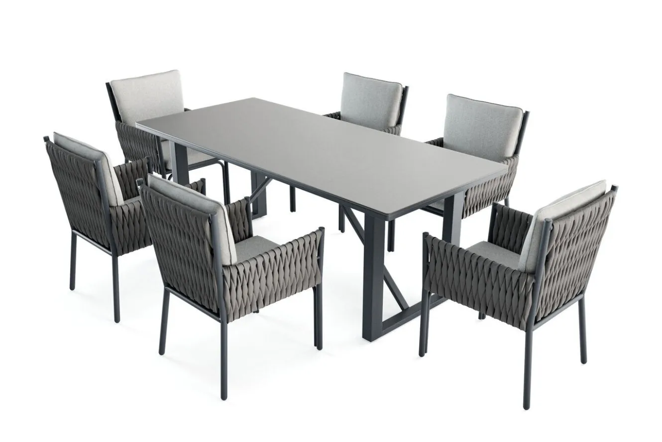 OUTFLEXX Mermaid Garten-Essgruppe, anthrazit, Alu/XL Geflecht, 7-teilig, inkl. Sitz- und Rückenkissen, Tisch 200x90 cm