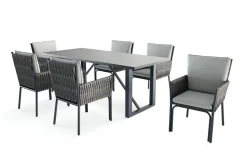 OUTFLEXX Mermaid Garten-Essgruppe, anthrazit, Alu/XL Geflecht, 7-teilig, inkl. Sitz- und Rückenkissen, Tisch 200x90 cm