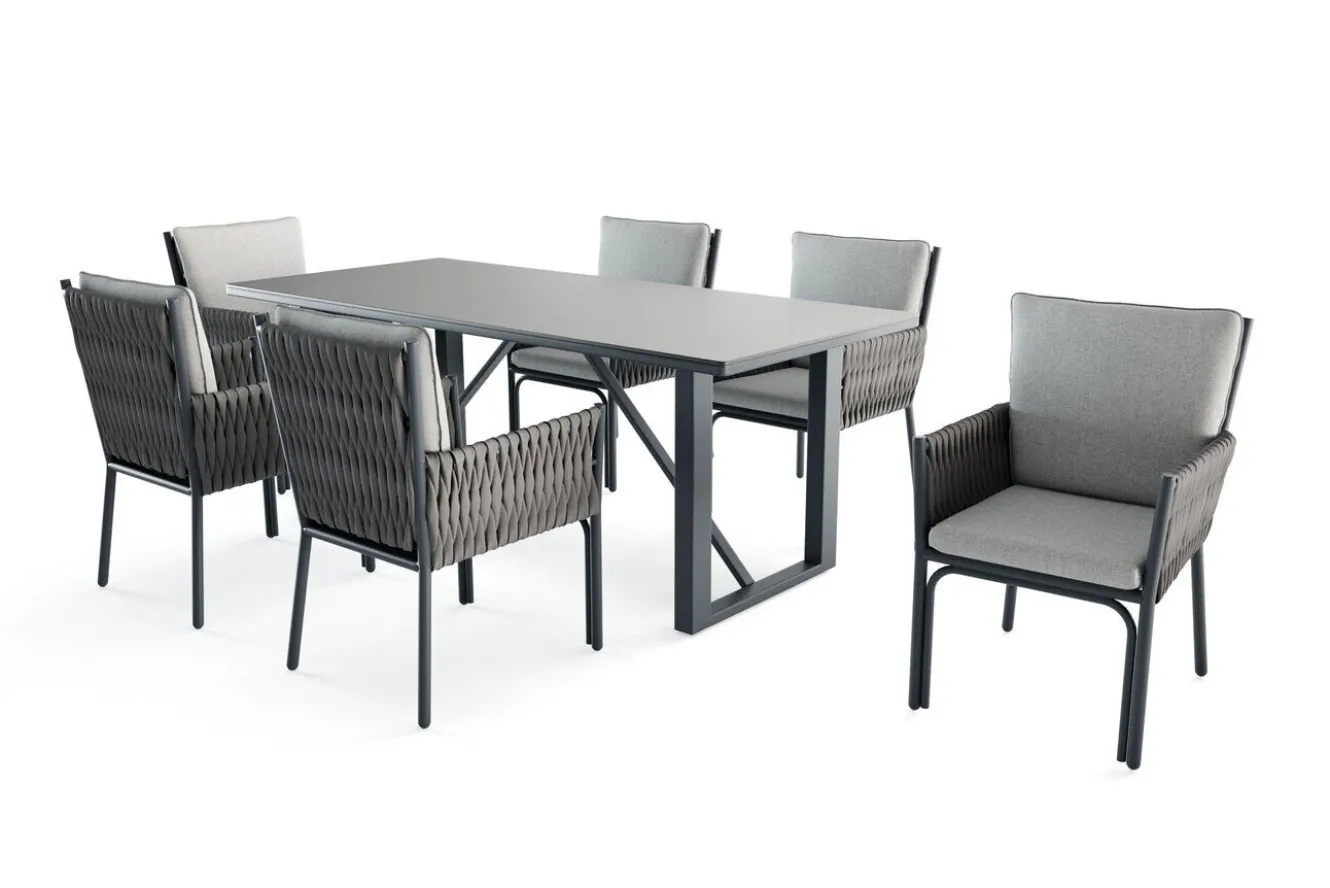 OUTFLEXX Mermaid Garten-Essgruppe, anthrazit, Alu/XL Geflecht, 7-teilig, inkl. Sitz- und Rückenkissen, Tisch 200x90 cm