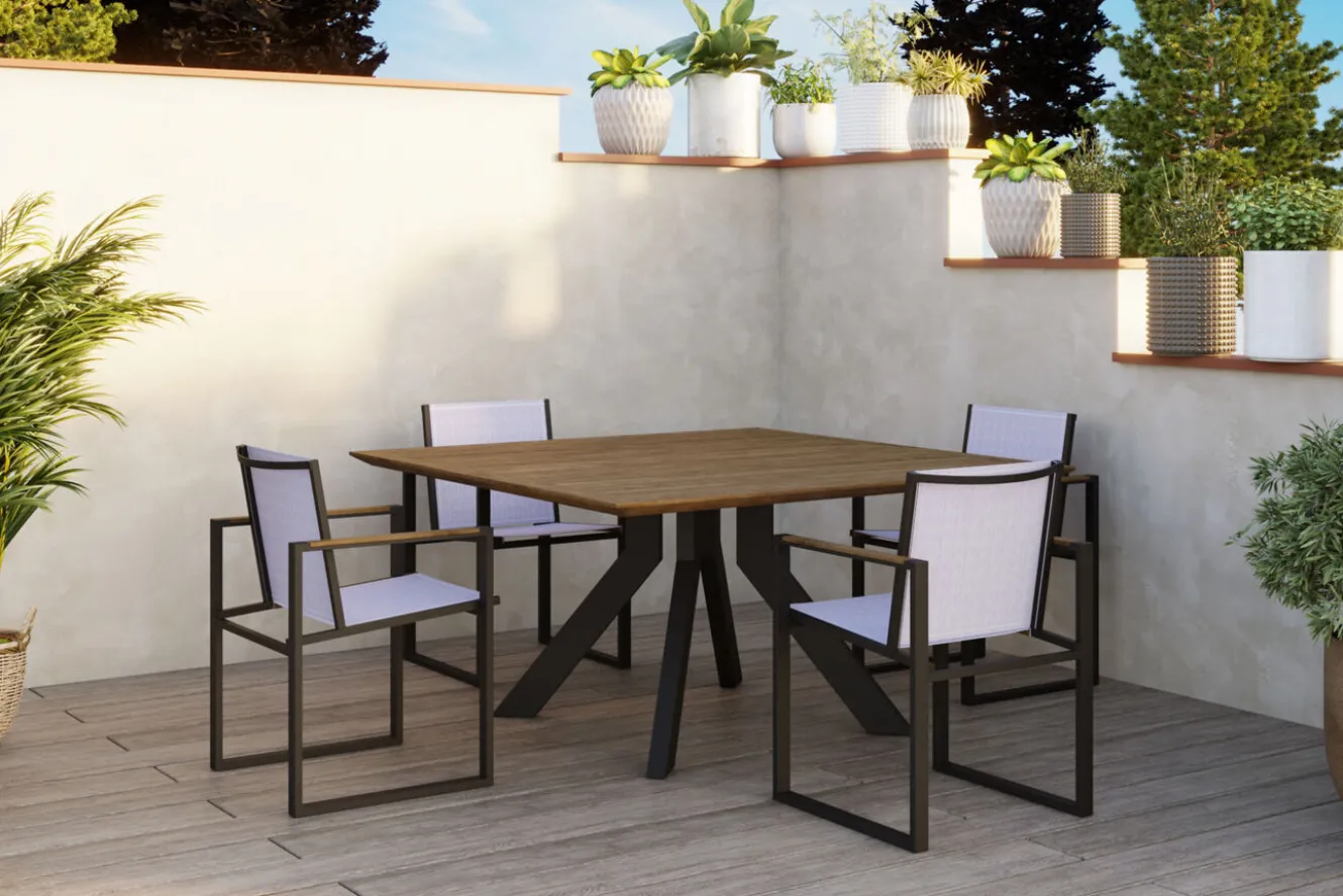 OUTFLEXX Motavi Esstisch, anthrazit/natur, Alu/recyceltes Teak, 150 x 150 cm, rustikal gebürstet, FSC®-zertifiziertes Produkt