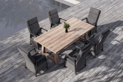 OUTFLEXX Nova Garten-Essgruppe mit 6 Sesseln, anthrazit/grau/natur, Alu/Polyrattan/Teakholz, 220 x 110 cm Tisch, verstellbare Rückenlehne