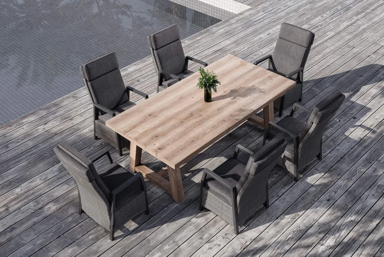 OUTFLEXX Nova Garten-Essgruppe mit 6 Sesseln, anthrazit/grau/natur, Alu/Polyrattan/Teakholz, 220 x 110 cm Tisch, verstellbare Rückenlehne