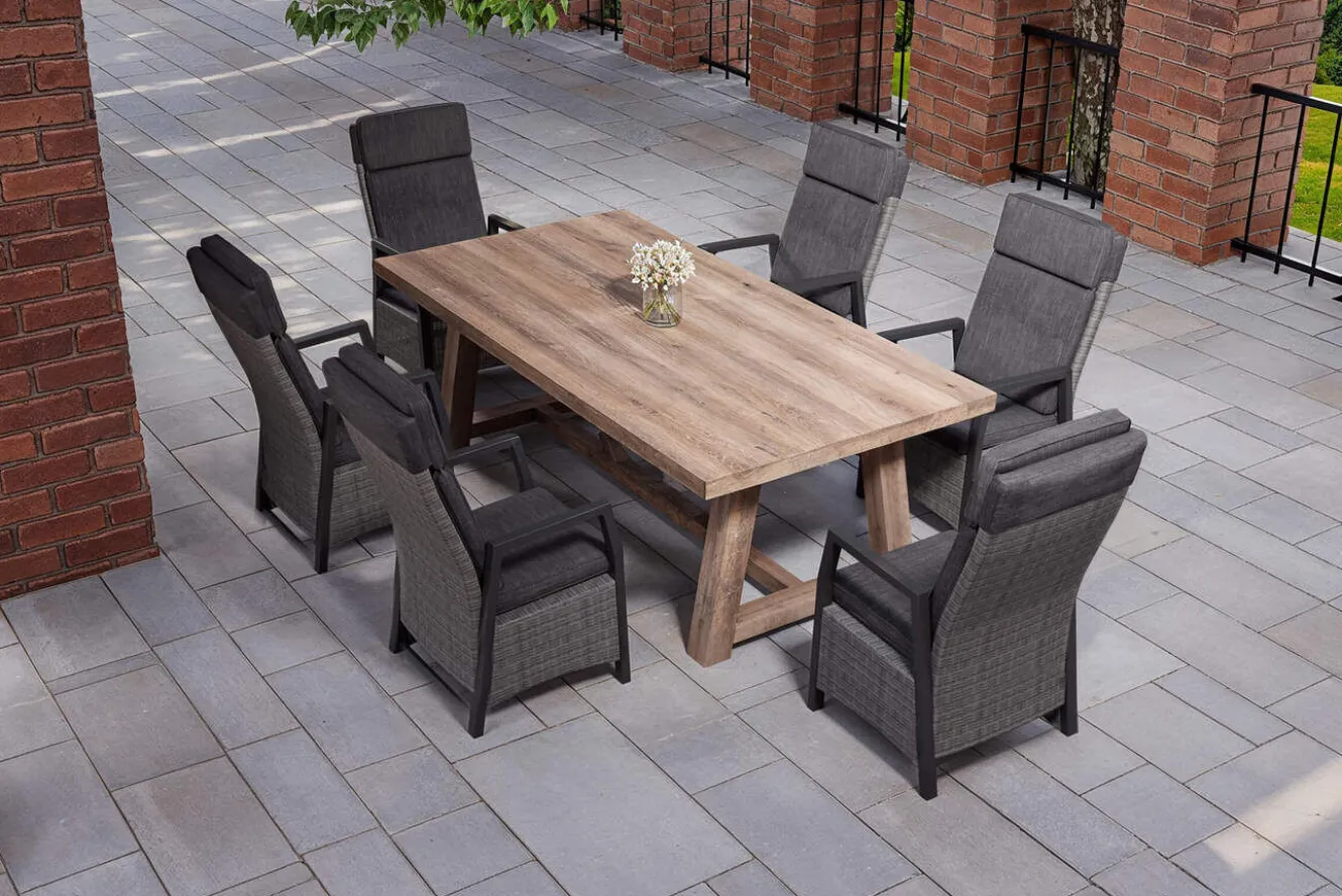 OUTFLEXX Nova Garten-Essgruppe mit 6 Sesseln, anthrazit/grau/natur, Alu/Polyrattan/Teakholz, 220 x 110 cm Tisch, verstellbare Rückenlehne