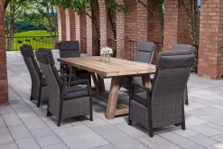 OUTFLEXX Nova Garten-Essgruppe mit 6 Sesseln, anthrazit/grau/natur, Alu/Polyrattan/Teakholz, 220 x 110 cm Tisch, verstellbare Rückenlehne