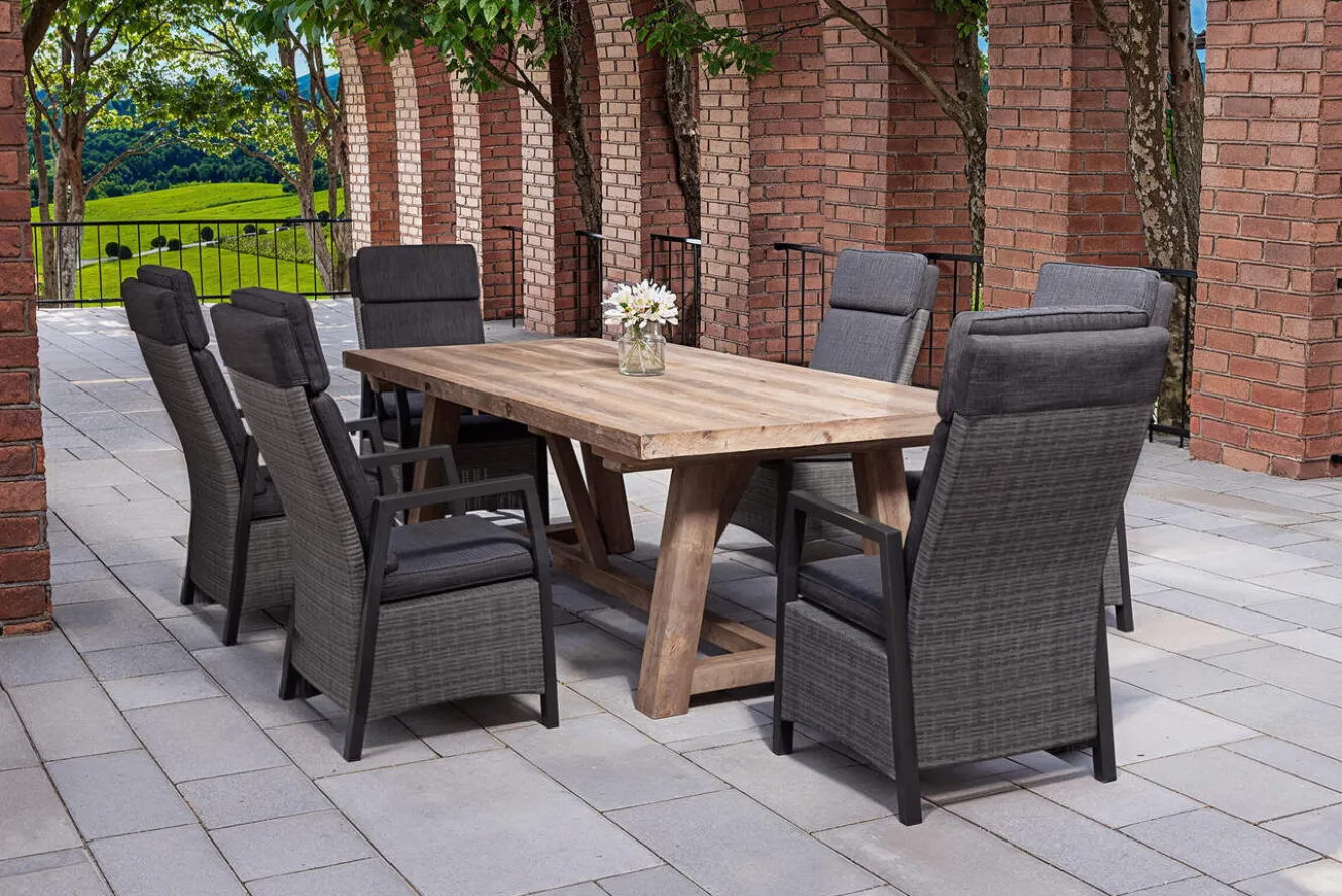 OUTFLEXX Nova Garten-Essgruppe mit 6 Sesseln, anthrazit/grau/natur, Alu/Polyrattan/Teakholz, 220 x 110 cm Tisch, verstellbare Rückenlehne