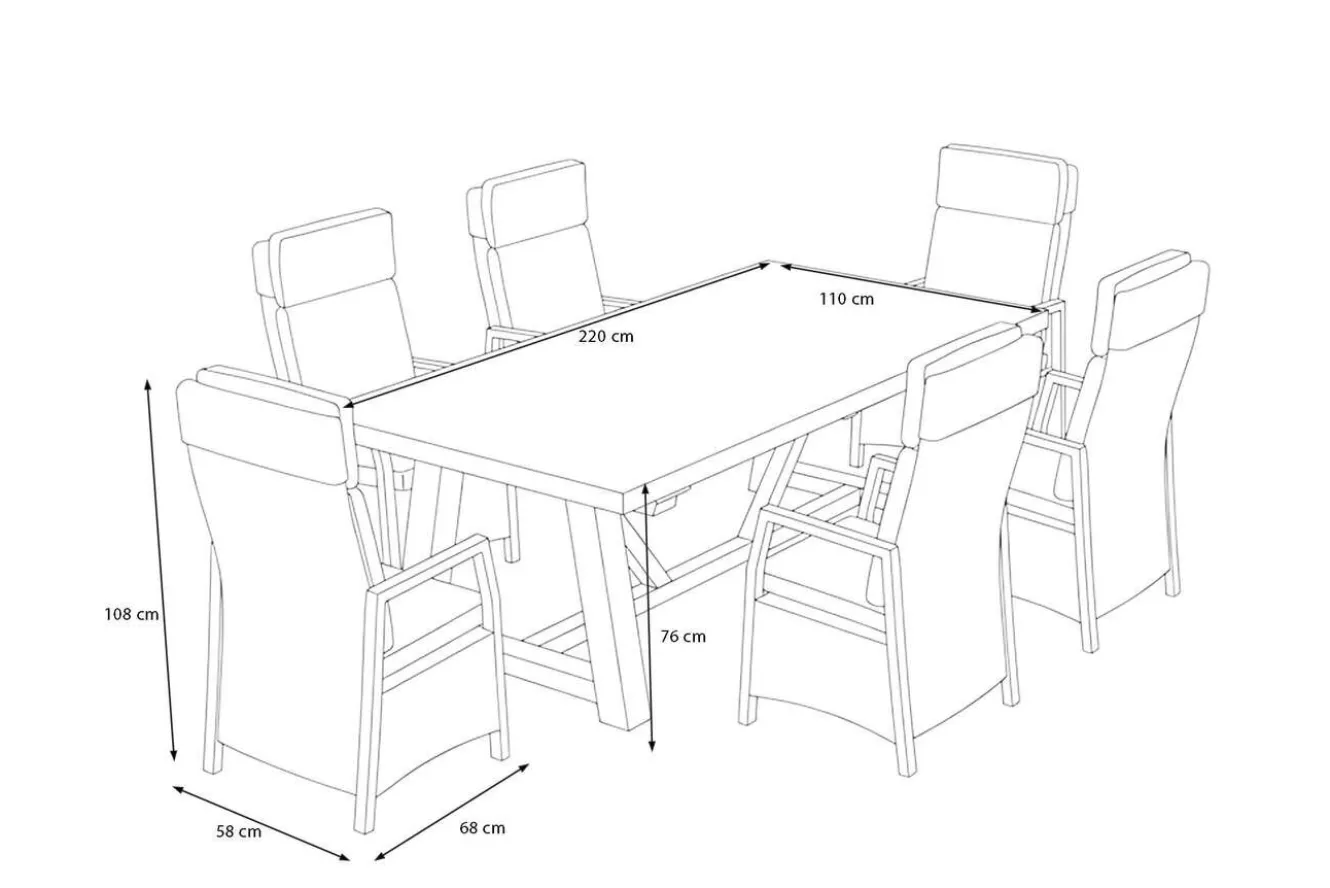 OUTFLEXX Nova Garten-Essgruppe mit 6 Sesseln, anthrazit/grau/natur, Alu/Polyrattan/Teakholz, 220 x 110 cm Tisch, verstellbare Rückenlehne