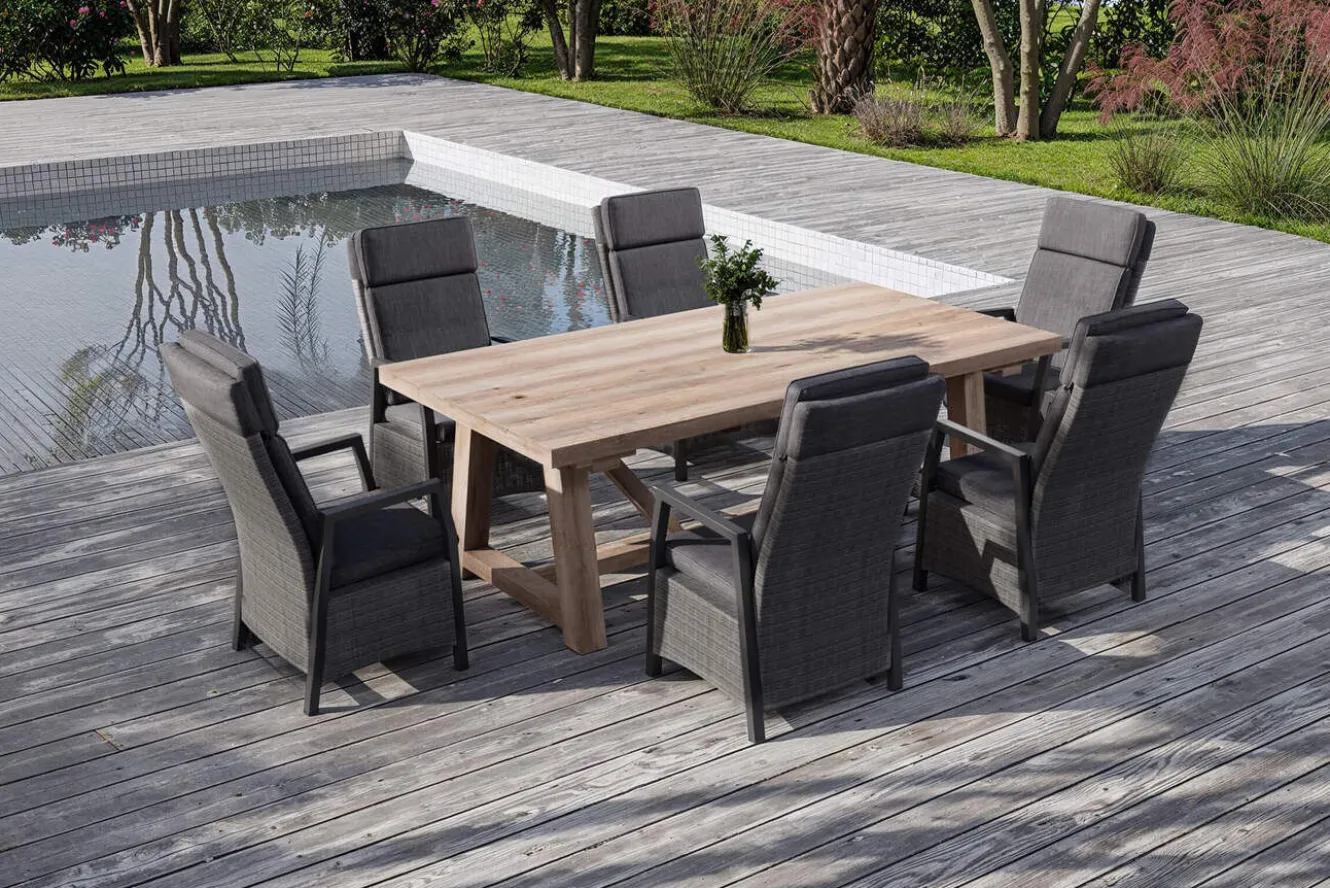 OUTFLEXX Nova Garten-Essgruppe mit 6 Sesseln, anthrazit/grau/natur, Alu/Polyrattan/Teakholz, 220 x 110 cm Tisch, verstellbare Rückenlehne