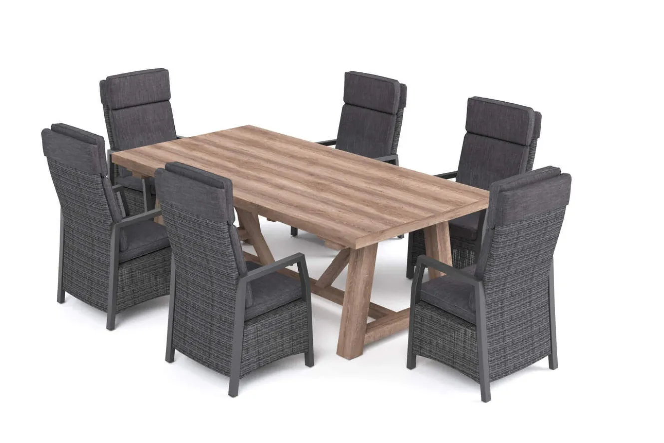 OUTFLEXX Nova Garten-Essgruppe mit 6 Sesseln, anthrazit/grau/natur, Alu/Polyrattan/Teakholz, 220 x 110 cm Tisch, verstellbare Rückenlehne
