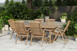 OUTFLEXX Ontario/Bounty Garten-Essgruppe, natur, Teak, 195/295 x 90 cm, 6x Klappsessel